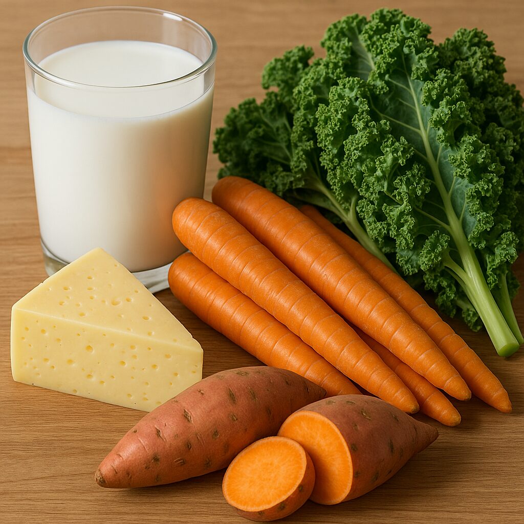 Vitamin A rich foods including carrots, sweet potatoes, milk, kale, and cheese