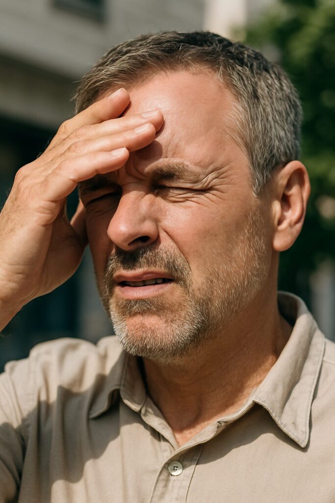 A middle-aged man shielding his eyes from bright sunlight outdoors