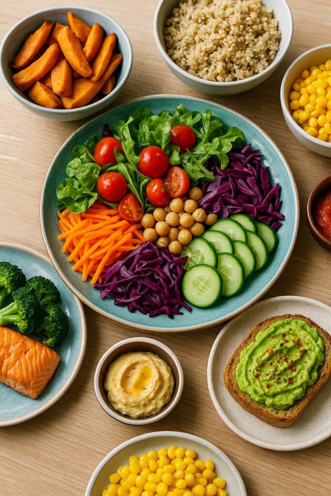 A colorful plate of vegetables and healthy foods