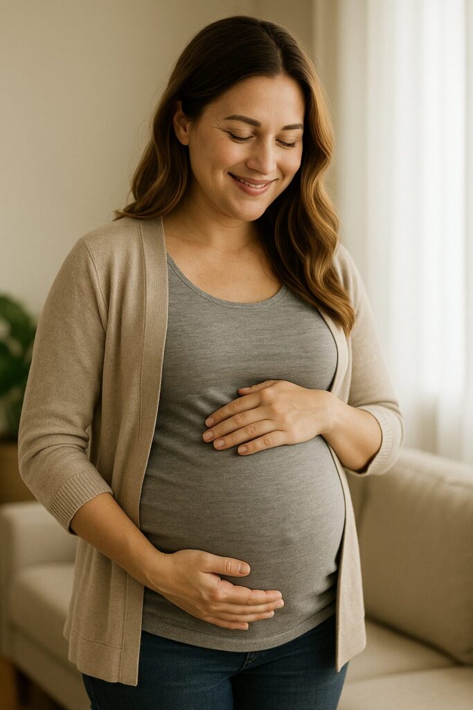 Vitamin A Intake During Pregnancy: A Safe and Healthy Guide 2 A pregnant woman gently holding her belly with a joyful expression