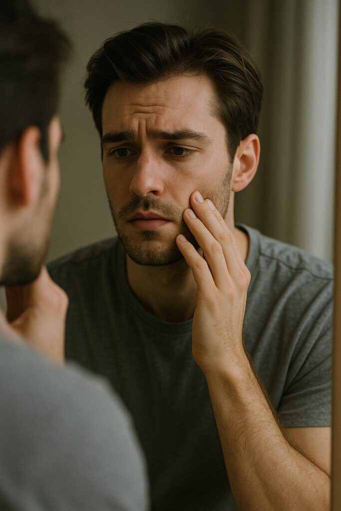 The Importance of Vitamin B2 for Skin and Oral Health 2 A man feeling down while looking at himself in the mirror