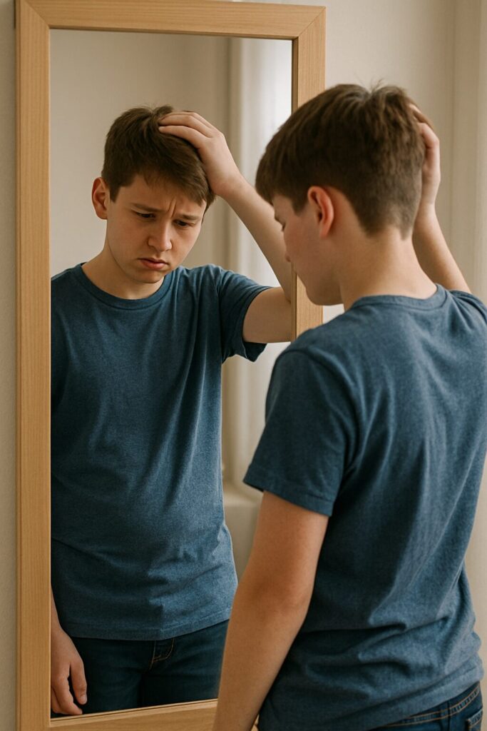 Managing Body Image Stress from Peer Comparison · Practical Guide 2 A male student stressed about his body shape