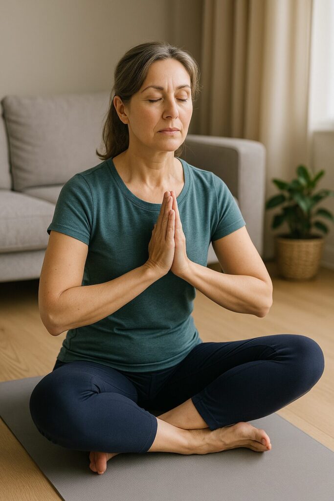 40s Fitness: Top 5 Exercises to Maintain Muscle Mass and Strength 2 A middle-aged woman in her 40s doing yoga