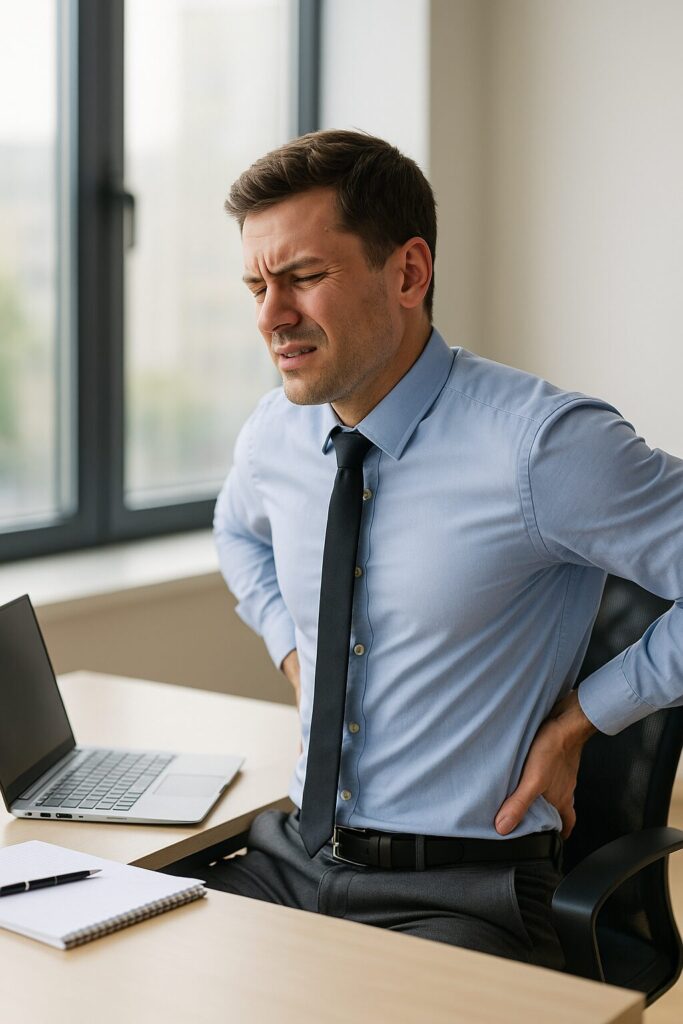 A businessman suffering from back pain after sitting for a long time

