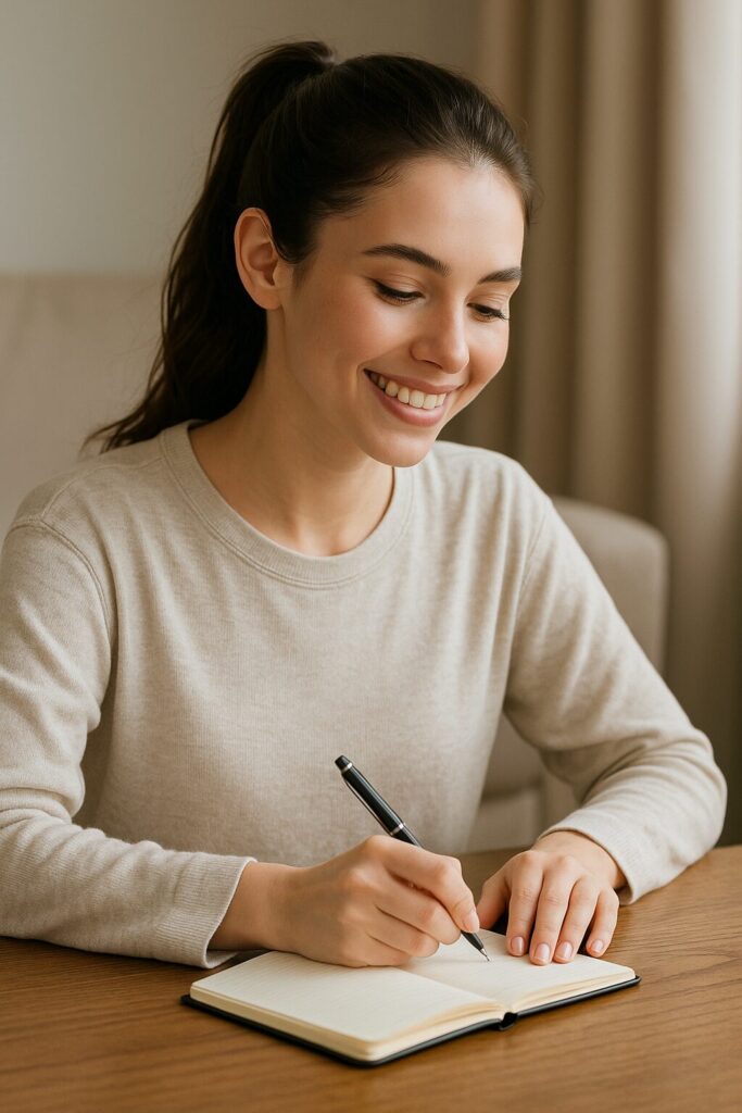 Five Gratitude Journal Keywords to Boost Self-Esteem 2 Grateful woman writing a journal