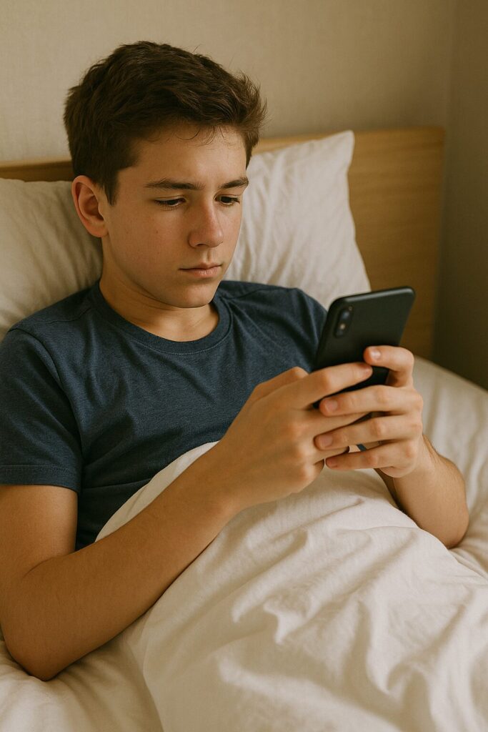 Bedtime Habits to Reduce Academic Stress and Improve Sleep 2 Teenage boy using a smartphone before bed
