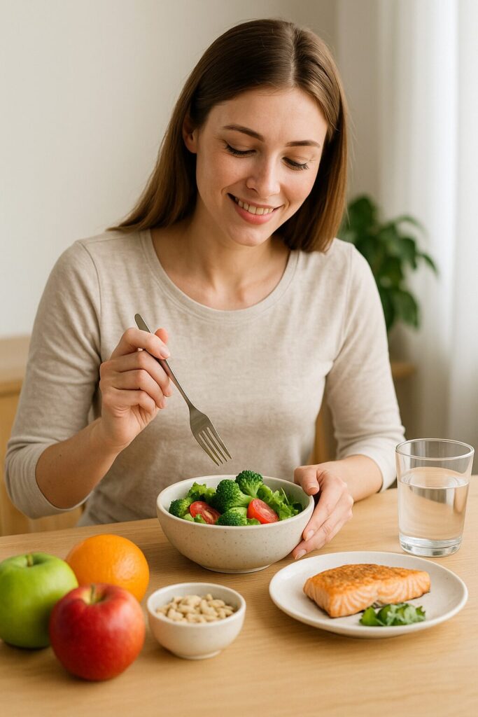 아침 자연식하는 여성