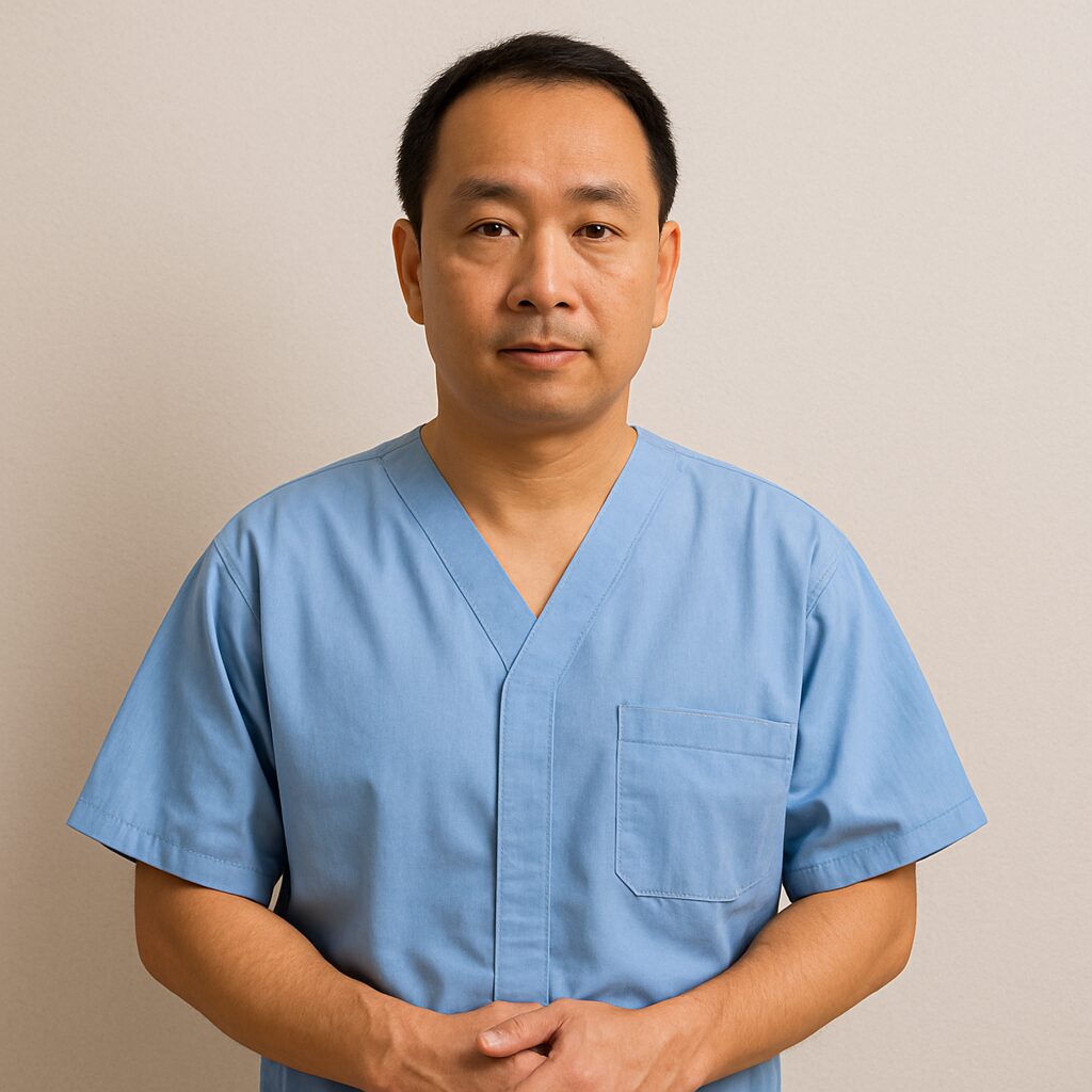 Guide to Eating, Medication, and Fasting Before a Health Checkup 2 An East Asian man wearing a medical examination gown
