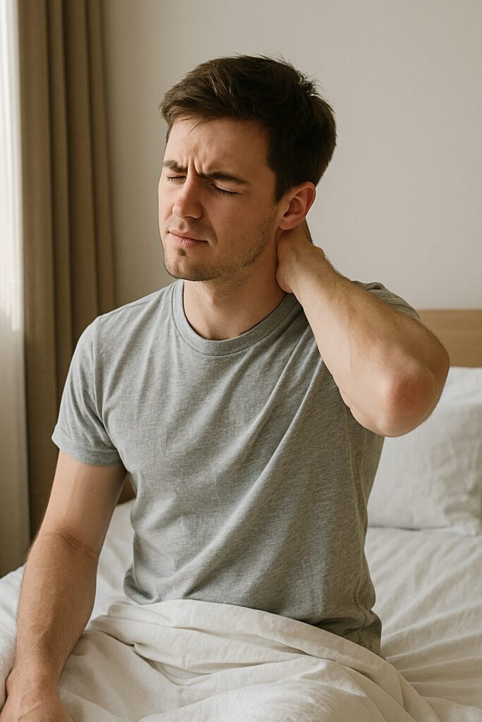 How to Make the Most of the First Hour After Waking Up 2 a man doing neck stretches after waking up in the morning