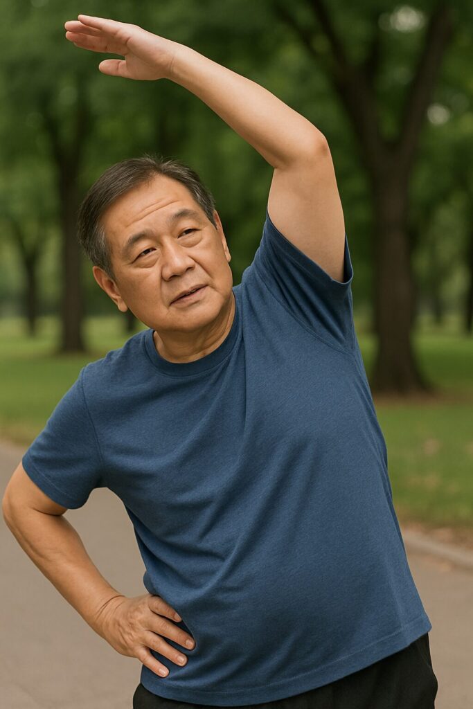 Safe Exercises and Stretching Methods for Older Adults 2 Asian man doing stretching exercises