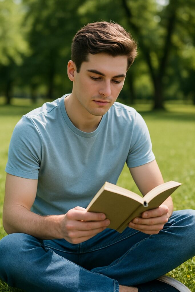Digital Detox · The Benefits of Smart Disconnection 2 A young man sitting on the grass reading a book without a smartphone