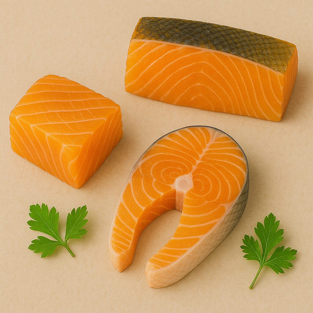 How to Choose Fresh Salmon · Buying Guide for Quality 2 fresh salmon fillet on display