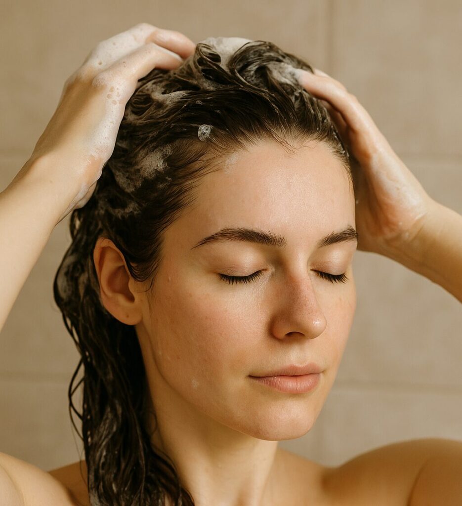 Shampoo Ingredient Guide · What to Look For When Choosing 2 Woman washing hair with shampoo