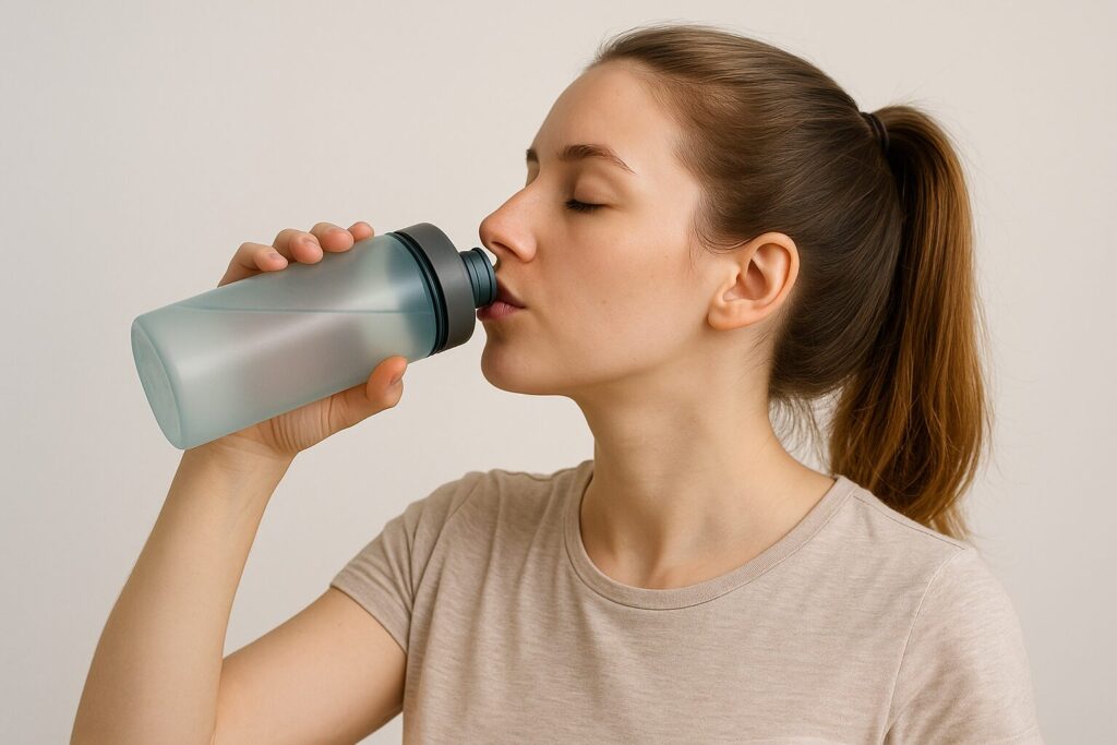 woman drinking water with reusable bottle