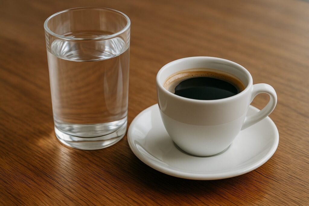 Caffeinated Drinks vs Water · Quality of Hydration Guide 2 glass of water next to cup of coffee