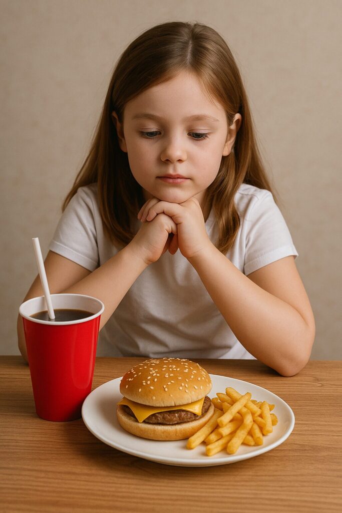 Childhood Obesity · Causes and Prevention Guid 2 child sitting in front of fast food