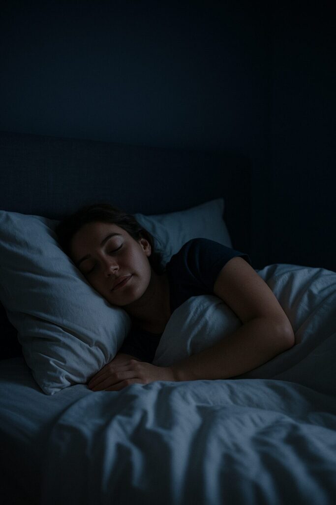 수면 위생(sleep hygiene) 지키는 7가지 생활 습관 가이드 2 어두운 침실에서 평온하게 잠든 사람