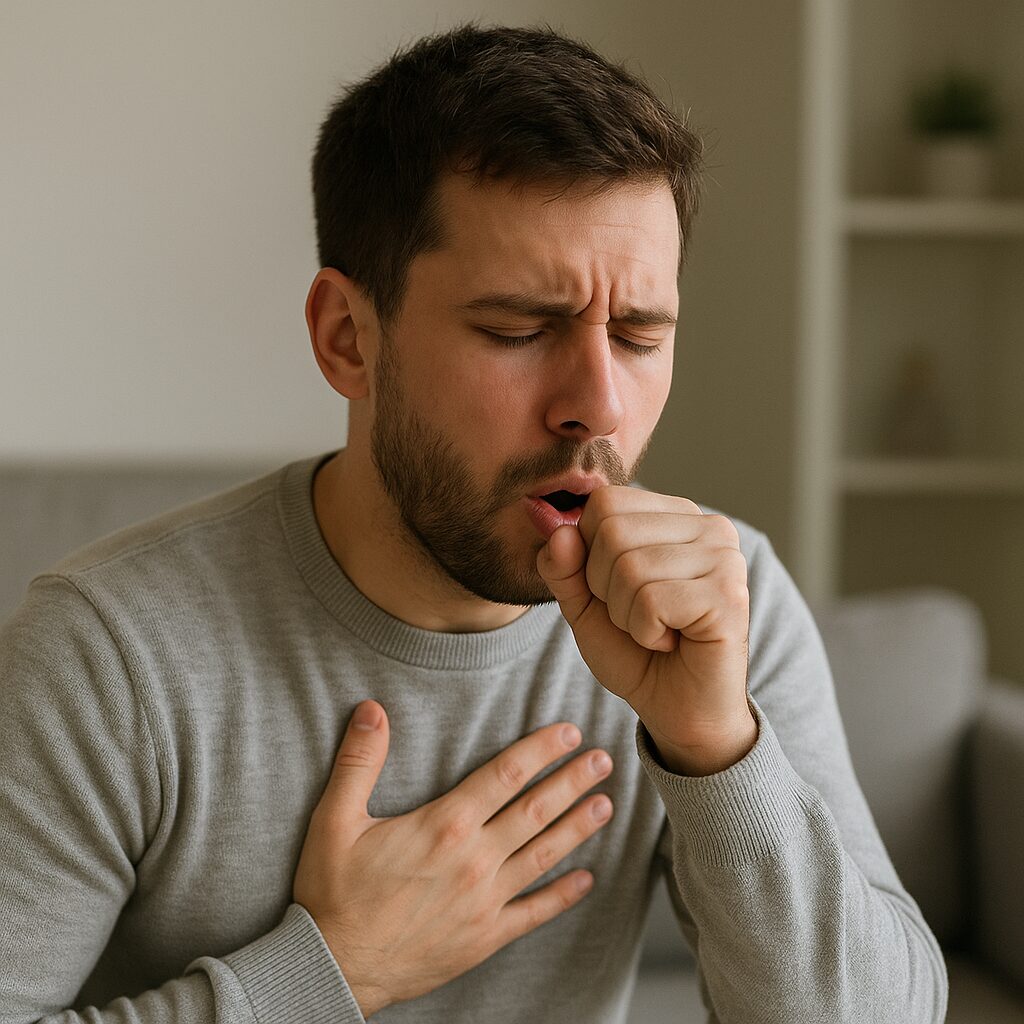 Asthma Causes and Symptoms · Breathing Difficulty and Cough Guide 2 Man coughing with asthma