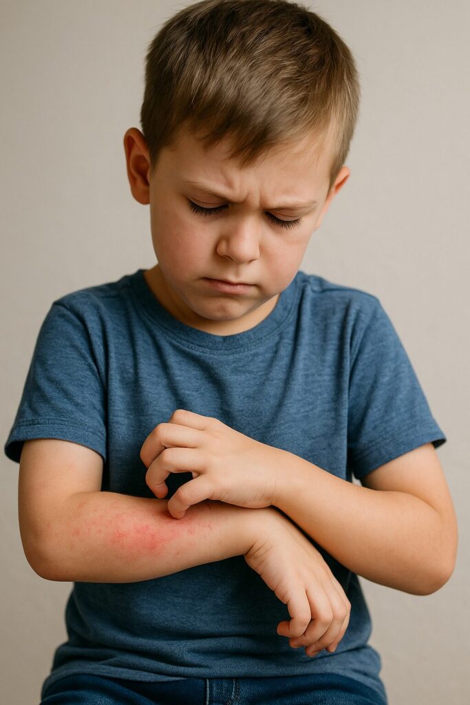 Atopic Dermatitis · Causes and Symptoms Guide 2 child scratching itchy arm