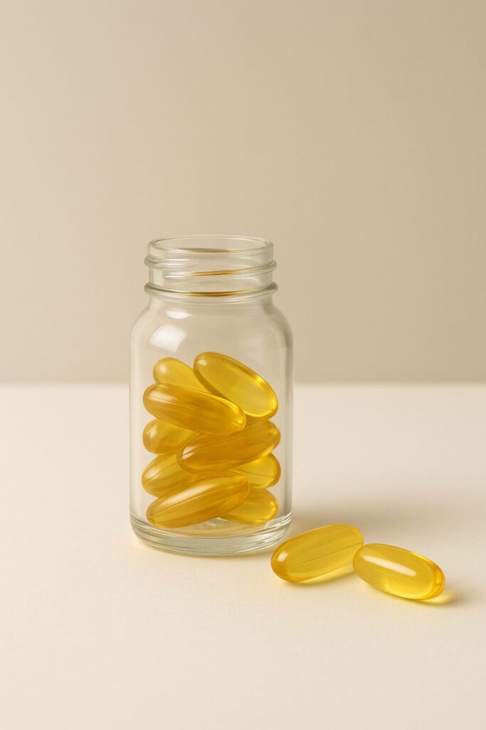 Gamma-Linolenic Acid Benefits · Women, Skin, and Vascular Health Guide 2 evening primrose oil capsules in glass bottle