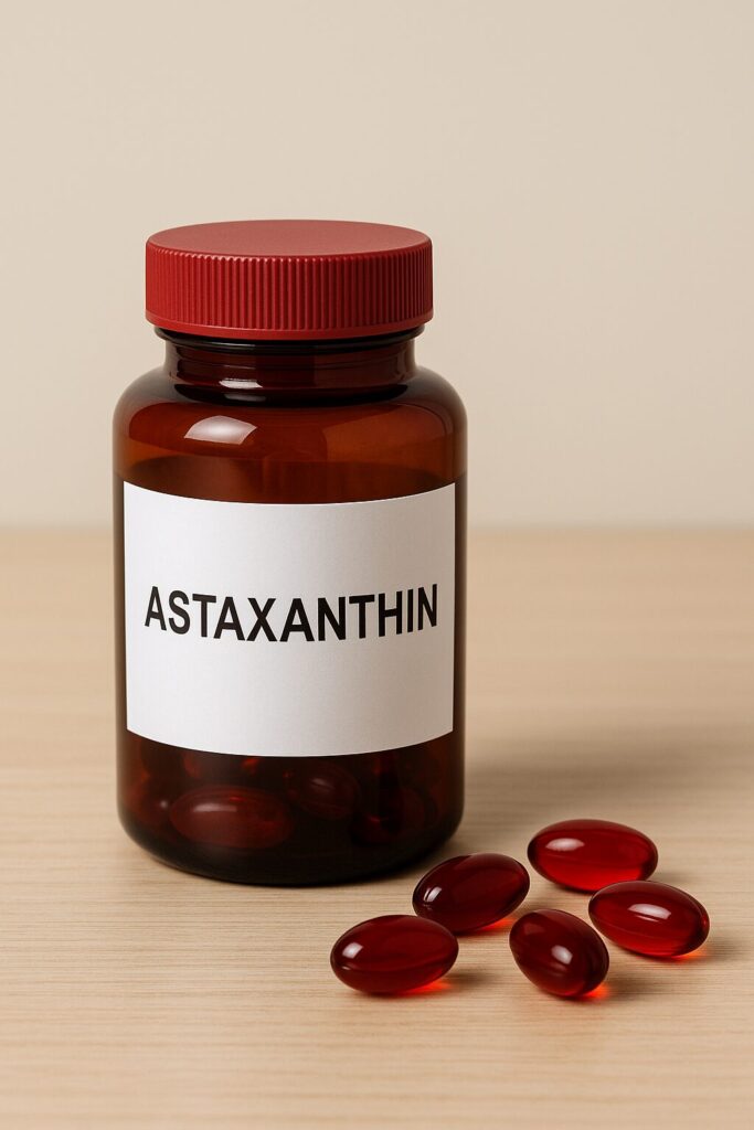 Astaxanthin Benefits · Skin, Eye, and Antioxidant Health Guide 2 astaxanthin capsules in red softgel form