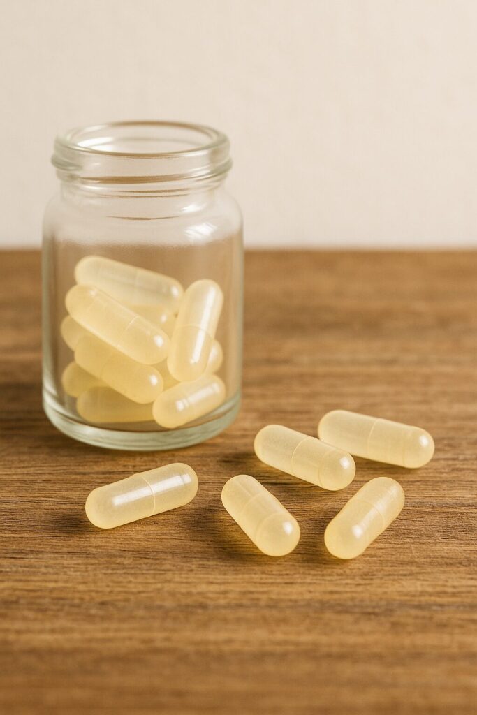 Chondroitin Benefits · Joint Health, Cartilage Support, and Healthy Aging Guide 2 chondroitin supplement capsules on wooden table
