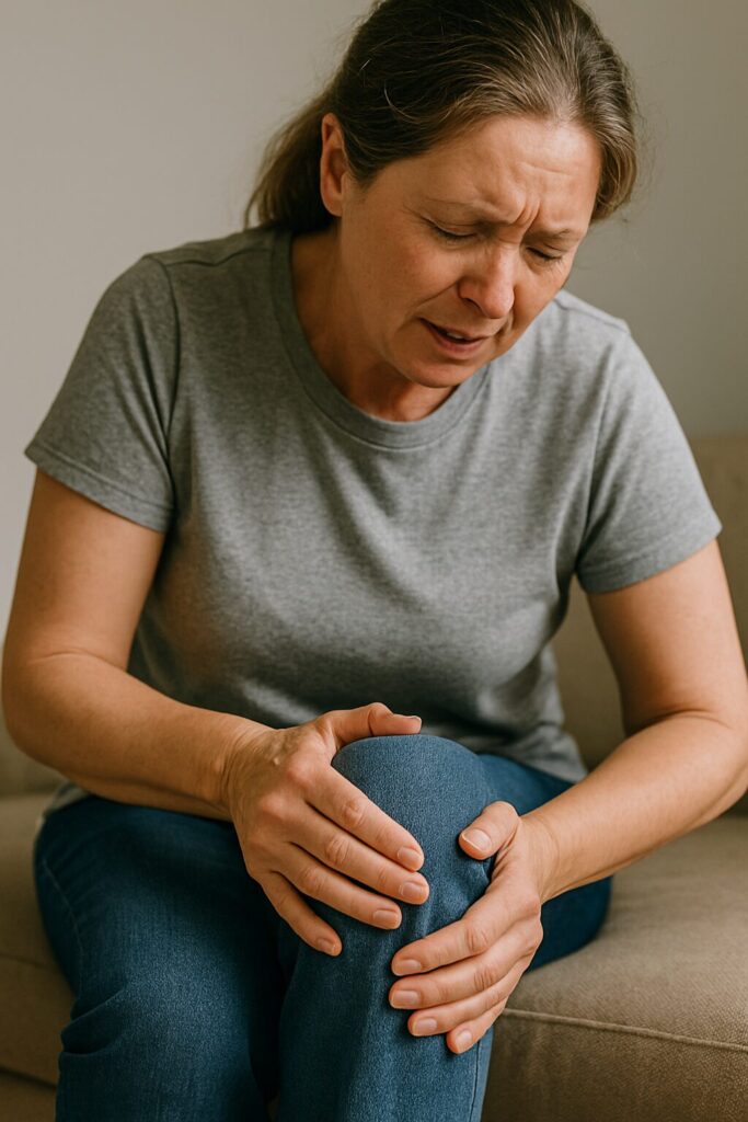 Glucosamine Benefits: Joint Pain Relief, Cartilage Support, and Mobility 2 A middle-aged woman holding her knee in discomfort, possibly due to arthritis