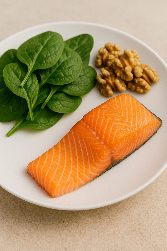 Foods and Nutrients for Better Blood Circulation 2 A plate with salmon, spinach, and walnuts as foods that may support blood circulation