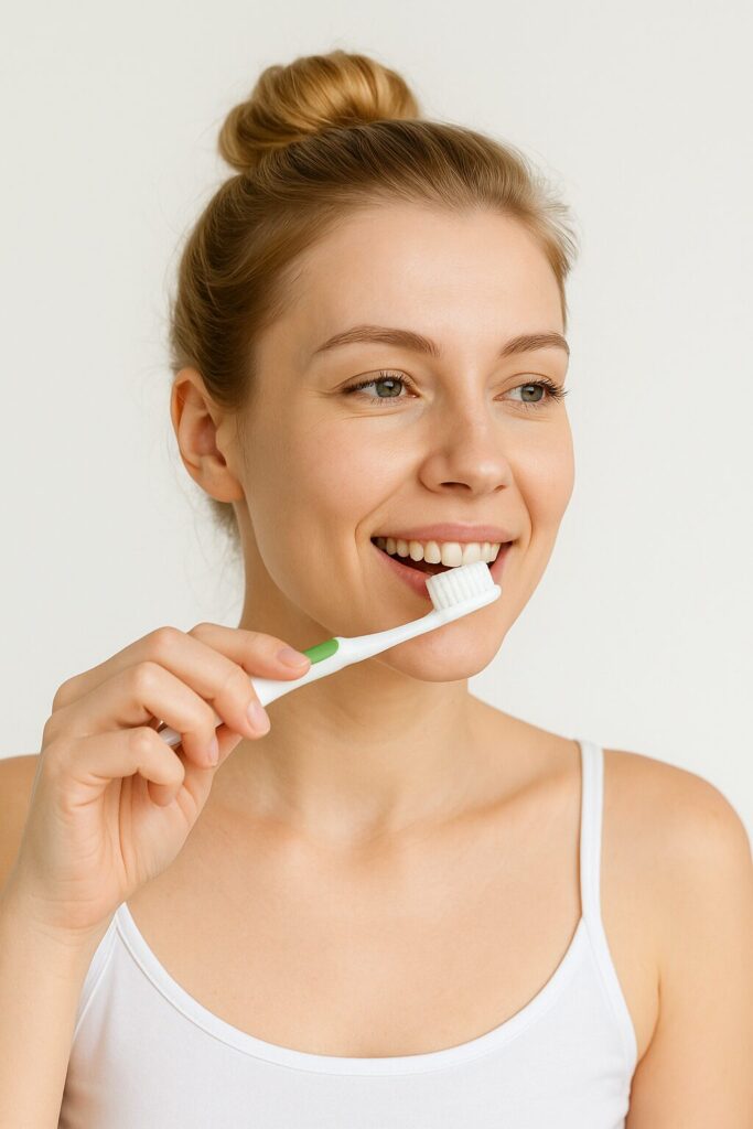 Proper Brushing Habits · How to Maintain Healthy Teeth and Gums 2 A woman brushing her teeth with a soft-bristled toothbrush for healthy gums