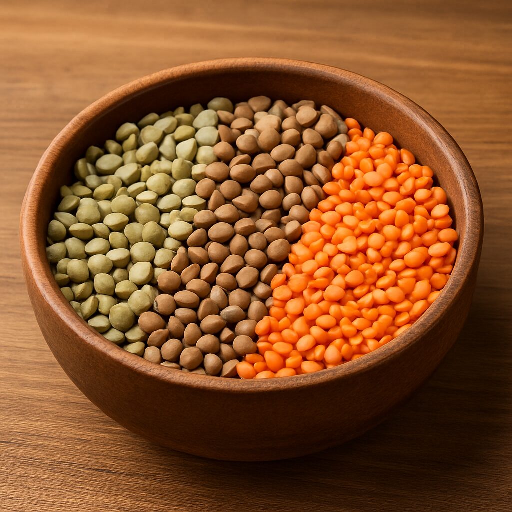 Lentil Varieties Compared · Green, Brown, and Red Lentils 2 A wooden bowl with green, brown, and red lentils side by side
