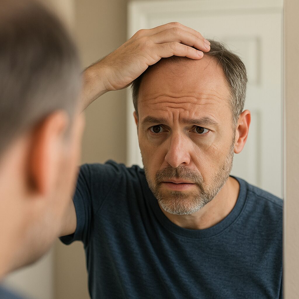 Main Causes of Middle-Aged Hair Loss · Guide to Understanding and Managing 2 A middle-aged man looking at thinning hair in the mirror