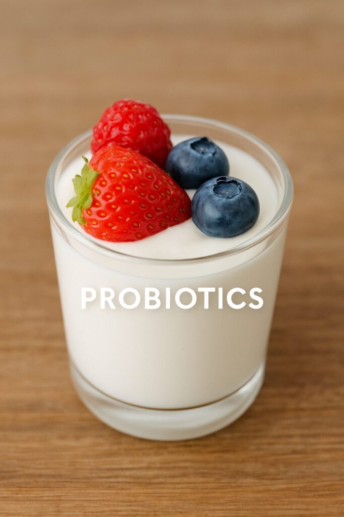 Probiotics Benefits · Gut Health, Immunity, and Overall Wellness Guide 2 A glass of yogurt with probiotics and fresh berries on a wooden table