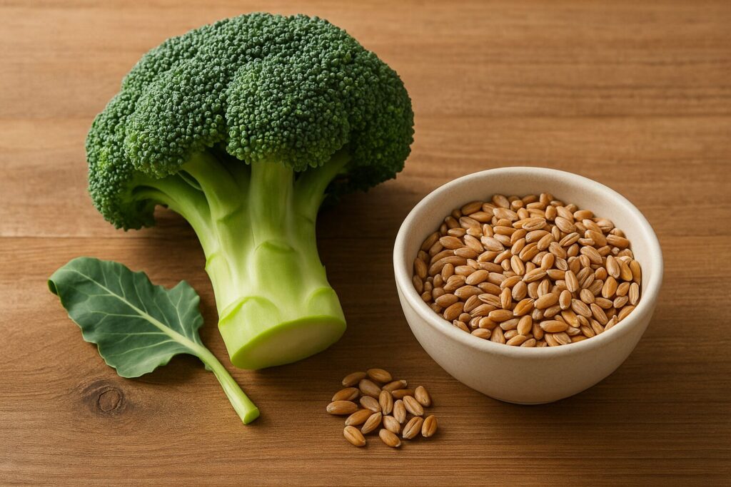 Chromium Benefits · Blood Sugar Balance, Metabolism, and Overall Wellness 2 Fresh broccoli and whole grains rich in chromium placed on a wooden table