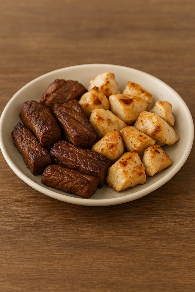Zinc Benefits · Immune Support, Skin Health, and Growth Development 2 Grilled beef and chicken pieces rich in zinc served on a plate
