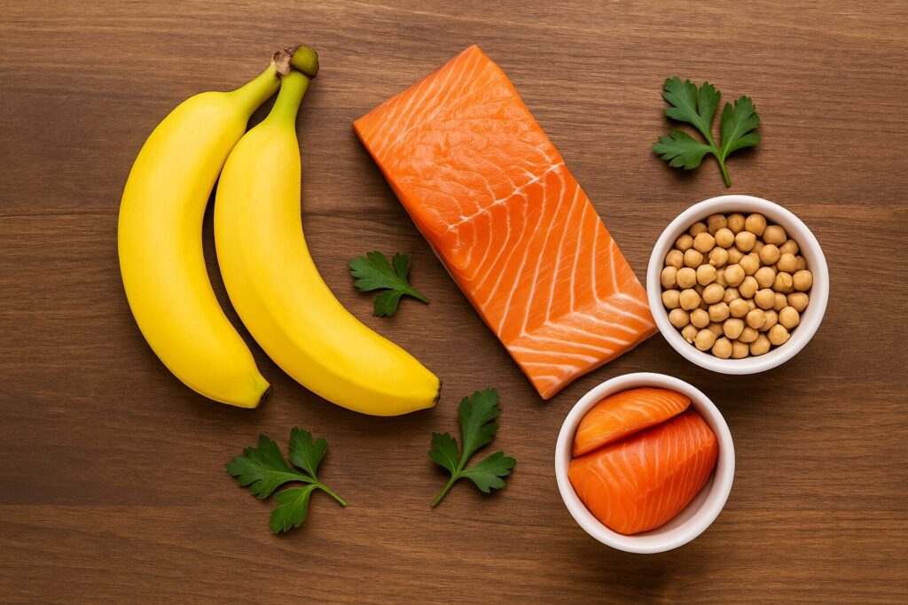 Vitamin B6 Benefits · Nervous System, Energy Metabolism, and Hormonal Balance 2 Bananas, salmon, and chickpeas rich in vitamin B6 placed on a wooden table