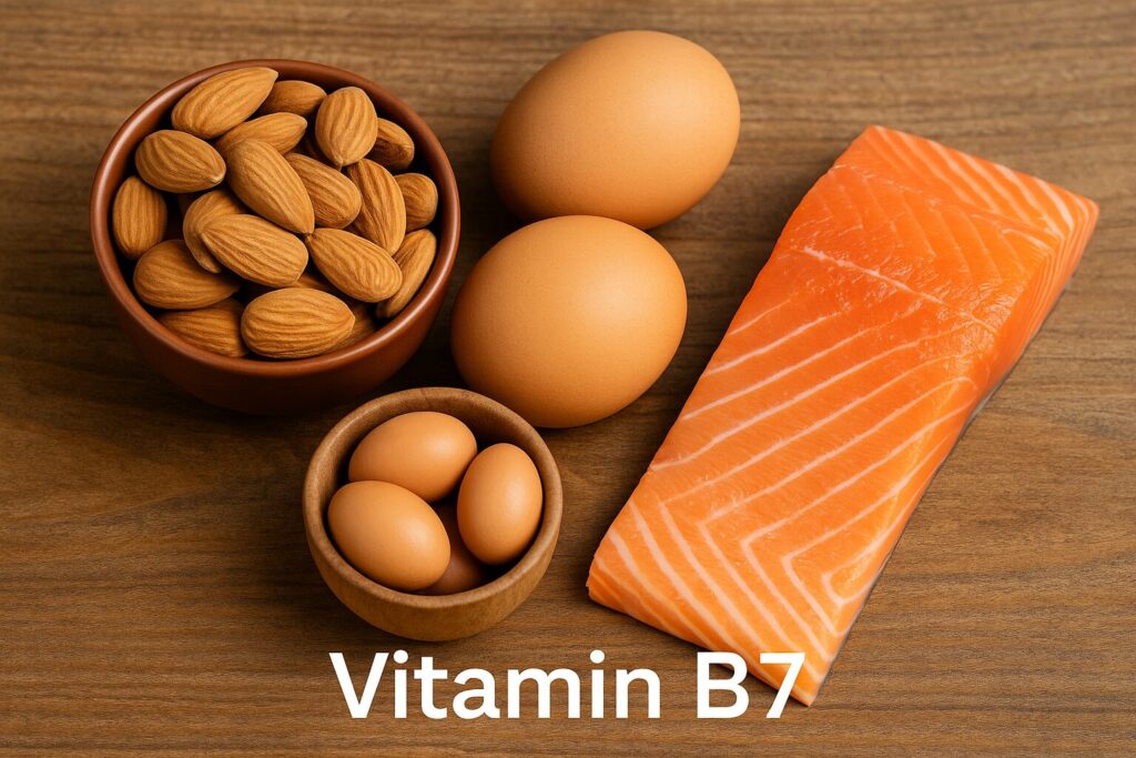 비타민 B7 효능 총정리 · 모발 건강, 피부 개선, 에너지 대사에 도움을 줄 수 있는 영양소 2 비타민 B7이 풍부한 아몬드, 달걀, 연어가 나무 테이블 위에 놓인 모습