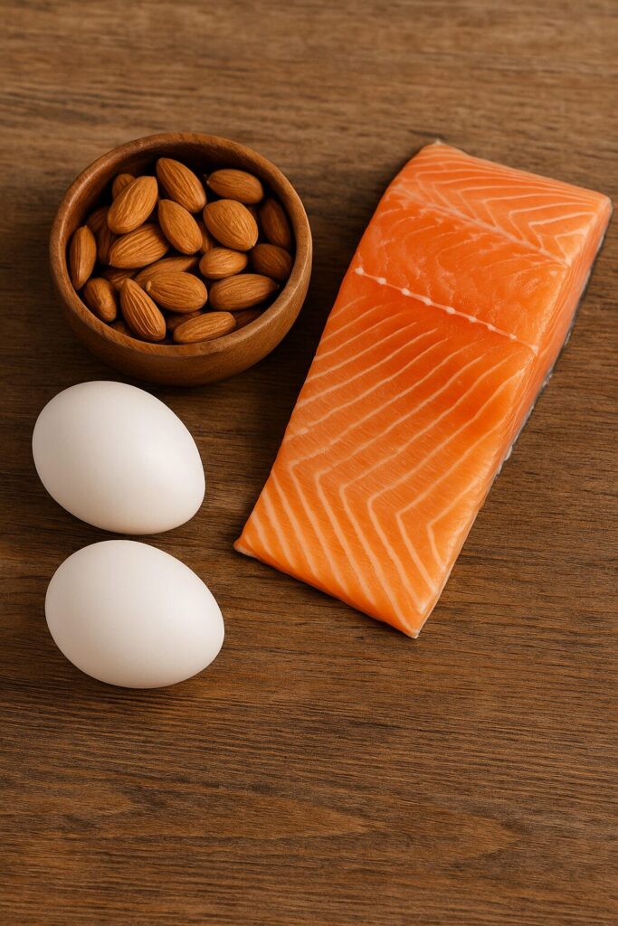 Vitamin B7 Benefits · Hair Strength, Skin Health, and Energy Metabolism 2 Almonds, eggs, and salmon rich in vitamin B7 placed on a wooden table