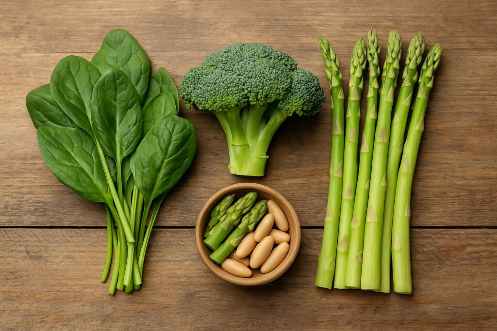 Vitamin B9 Benefits · Cell Growth, Blood Health, and Essential Nutrient for Pregnancy 2 Spinach, broccoli, and asparagus rich in vitamin B9 placed on a wooden table