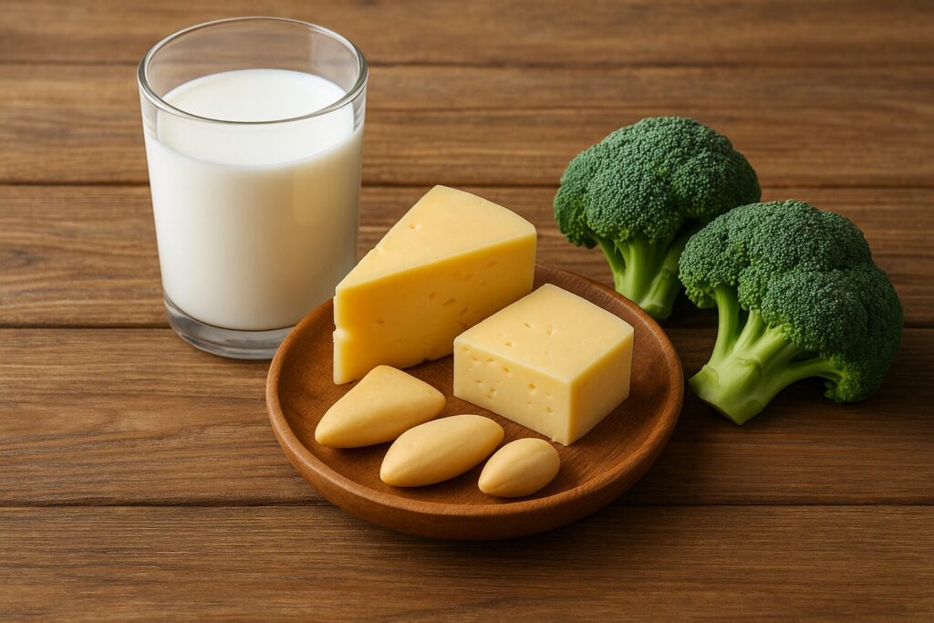 Calcium Benefits · Bone Health, Nerve Function, and Muscle Support 2 Milk, cheese, and broccoli rich in calcium placed on a wooden table