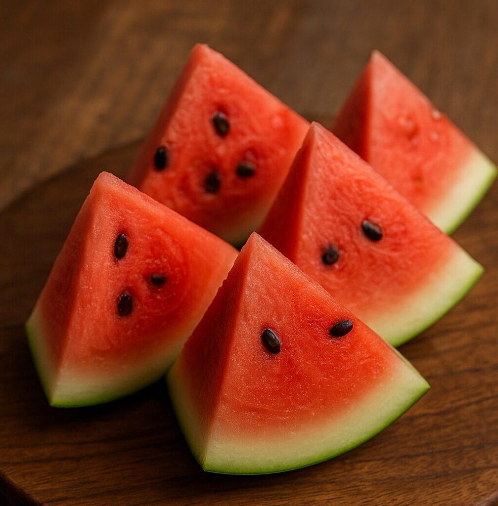 Fresh watermelon slices rich in citrulline placed on a wooden table