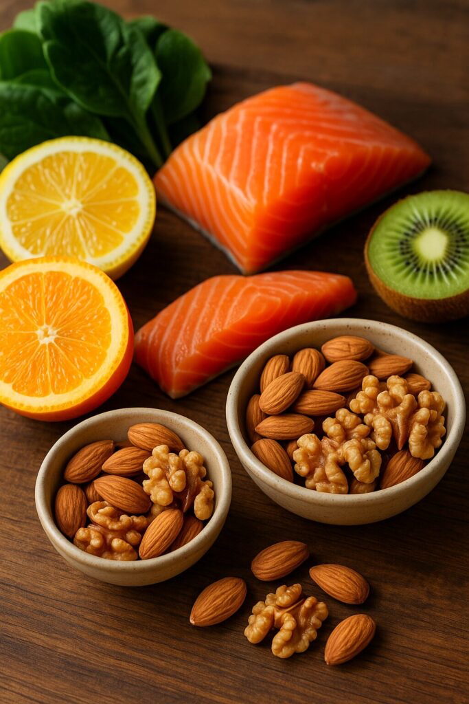 Citrus fruits, salmon, and nuts rich in vitamin C, D, and zinc placed on a wooden table
