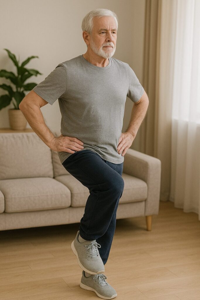 Balance Ability Tests and Self-Check Methods · Practical Guide for Stability and Fall Prevention 2 An elderly man standing on one leg at home to check his balance