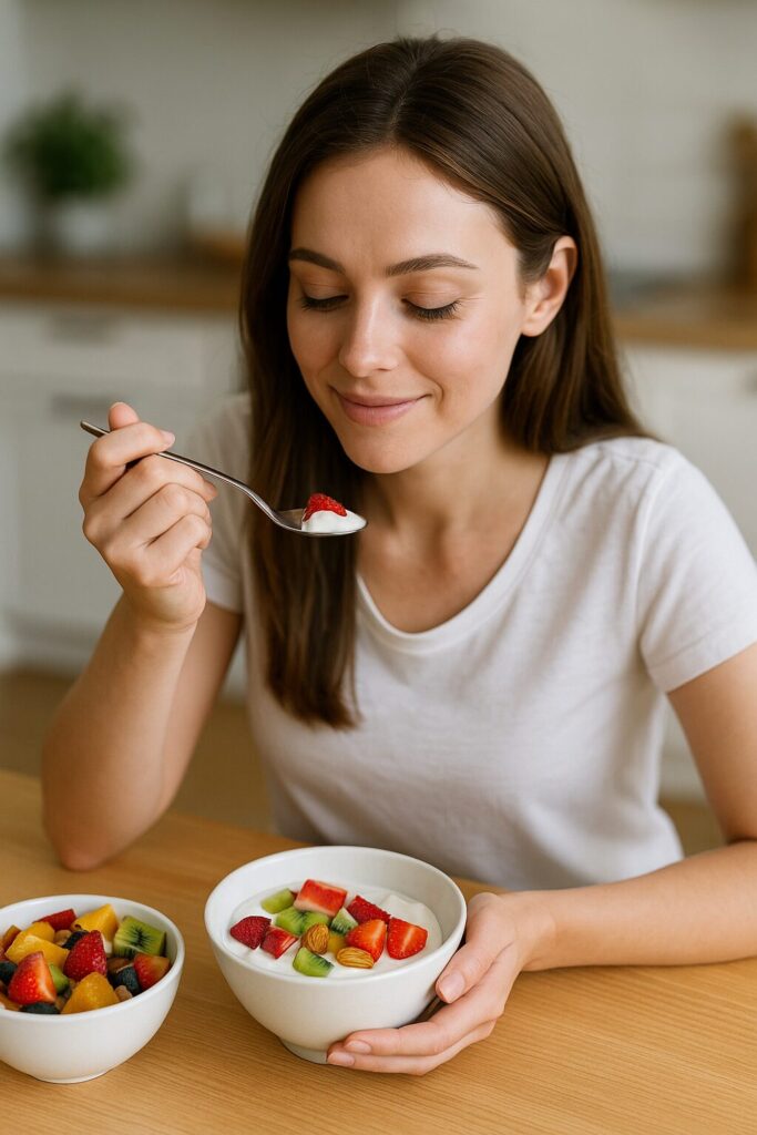 A young woman eating a light breakfast with fruit and yogurt at a kitchen table