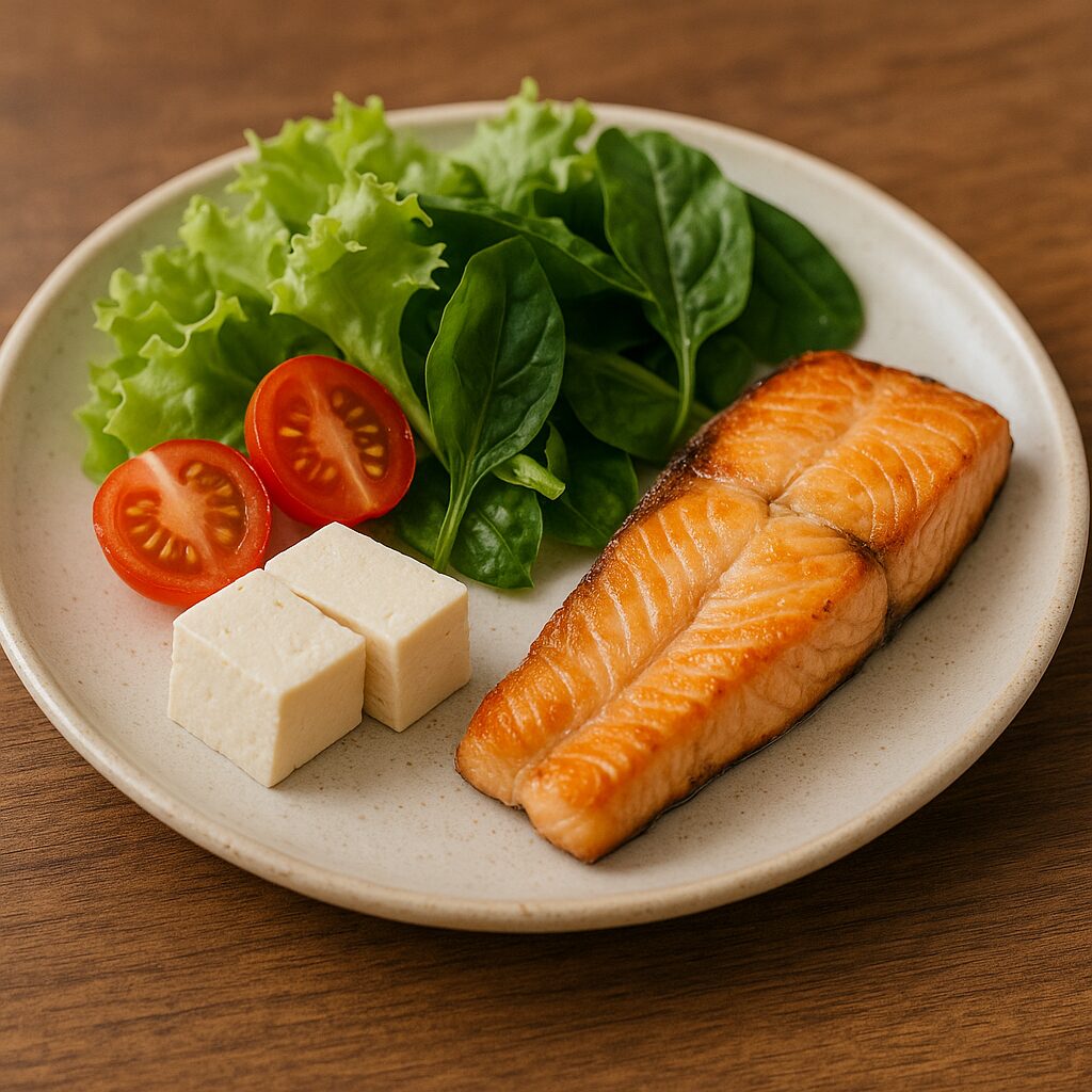 Late-Night Meals After Overtime: Healthier Alternatives · Smart Eating for Better Well-Being 2 A light late-night meal with grilled fish, tofu, and salad served on a small plate