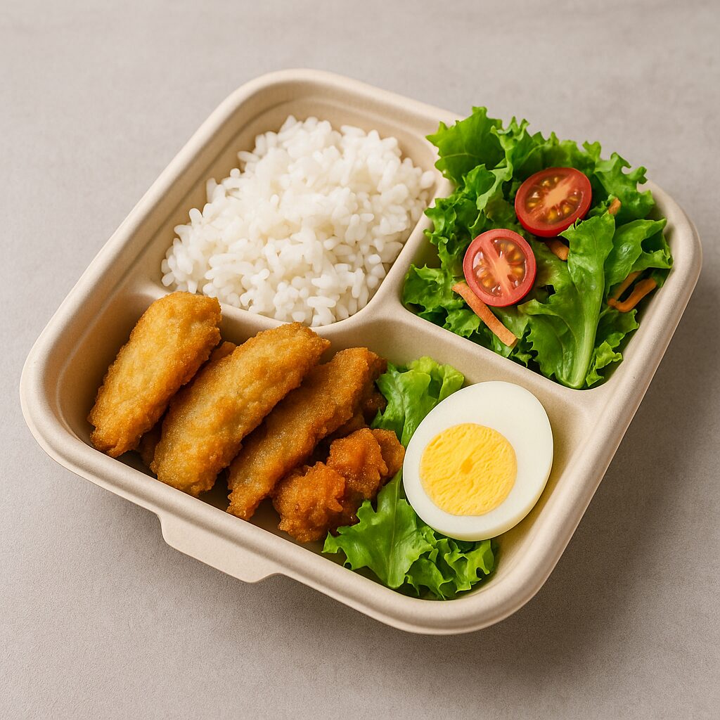 Convenience and Delivery Food Habits: How to Balance Nutrition · Practical Guide for Busy Lifestyles 2 A delivery meal of rice and fried food balanced with a side salad and boiled egg