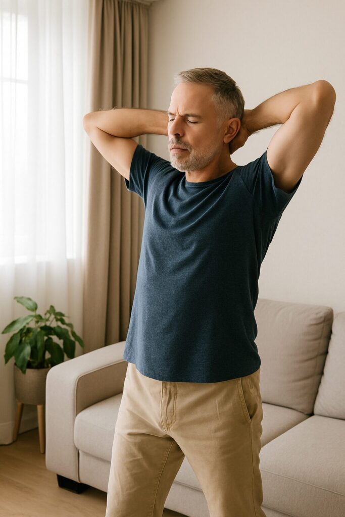 Benefits of Regular Exercise and Stretching · Supporting Health and Daily Balance 2 A middle-aged man doing morning stretching exercises in the living room