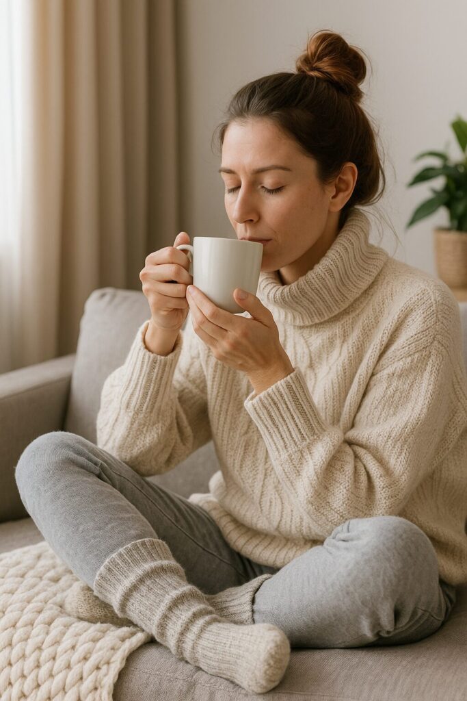 Blood Circulation Tips for Cold Hands and Feet · Practical Lifestyle Guide 2 A woman wearing warm socks and drinking hot tea to improve blood circulation