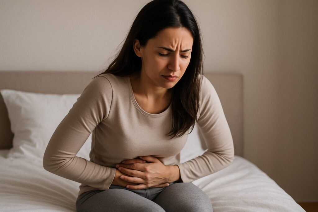 Stress and Menstrual Cycle · How It May Affect Women and Coping Strategies 2 A young woman sitting on a bed holding her stomach with a stressed expression