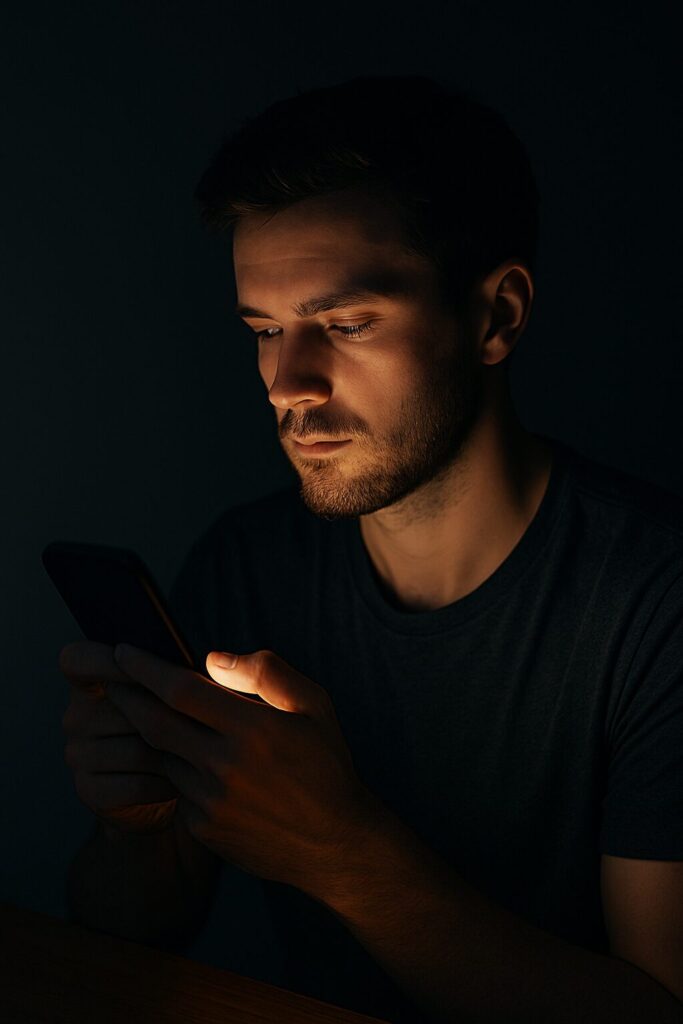Screen Brightness and Night Mode · How They May Affect Eye Health 2 A man using a smartphone with night mode enabled in a dark room