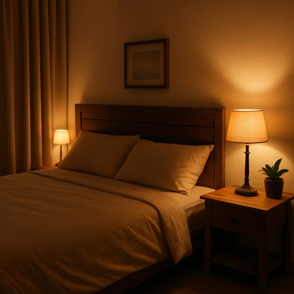 Sleep and Lighting · How to Choose the Right Bedroom Lights 2 A cozy bedroom with warm dim lighting creating a relaxing sleep environment